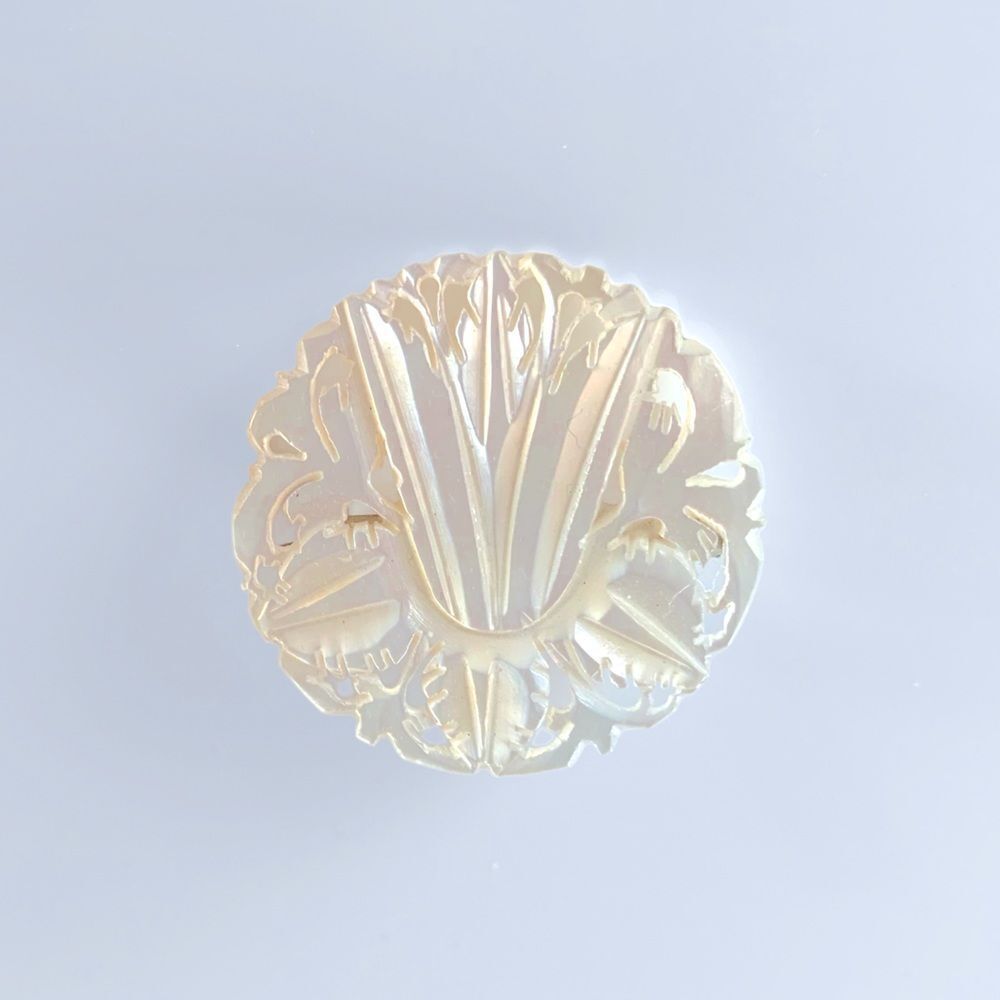 Vintage Mother Of Pearl Carved Flower Brooch